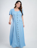 Vestido Longo Linho Misto Botões Frontais Azul