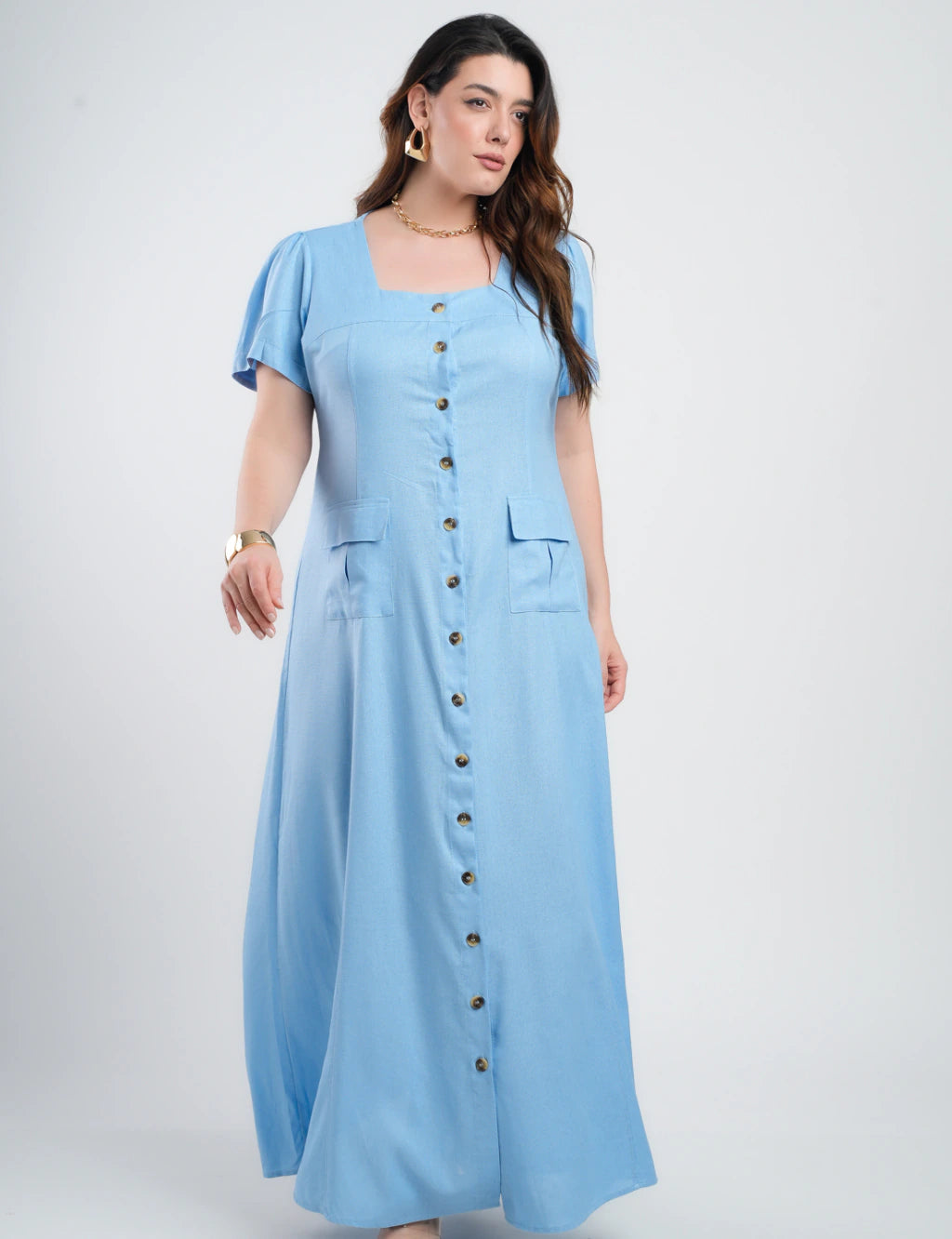 Vestido Longo Linho Misto Botões Frontais Azul