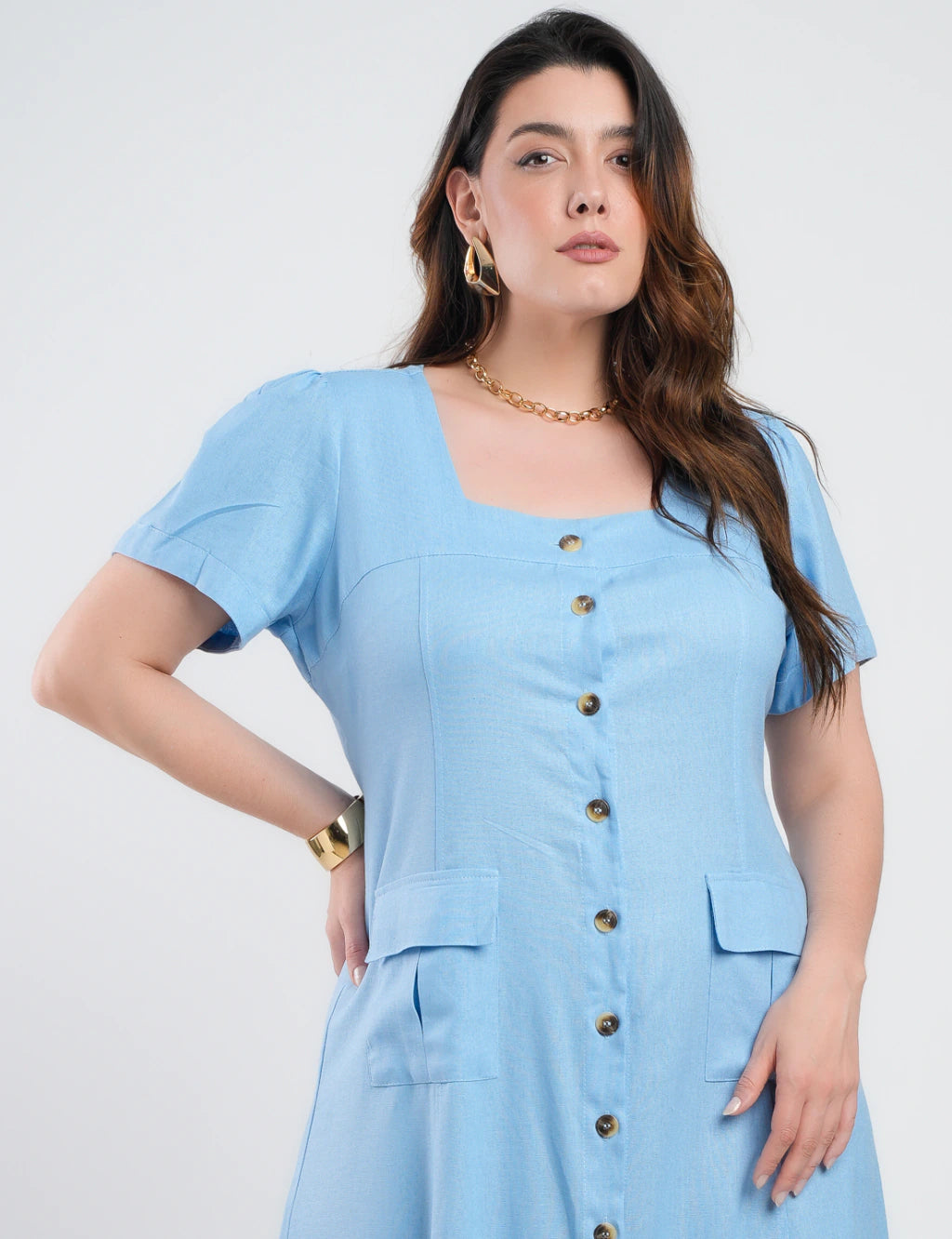 Vestido Longo Linho Misto Botões Frontais Azul