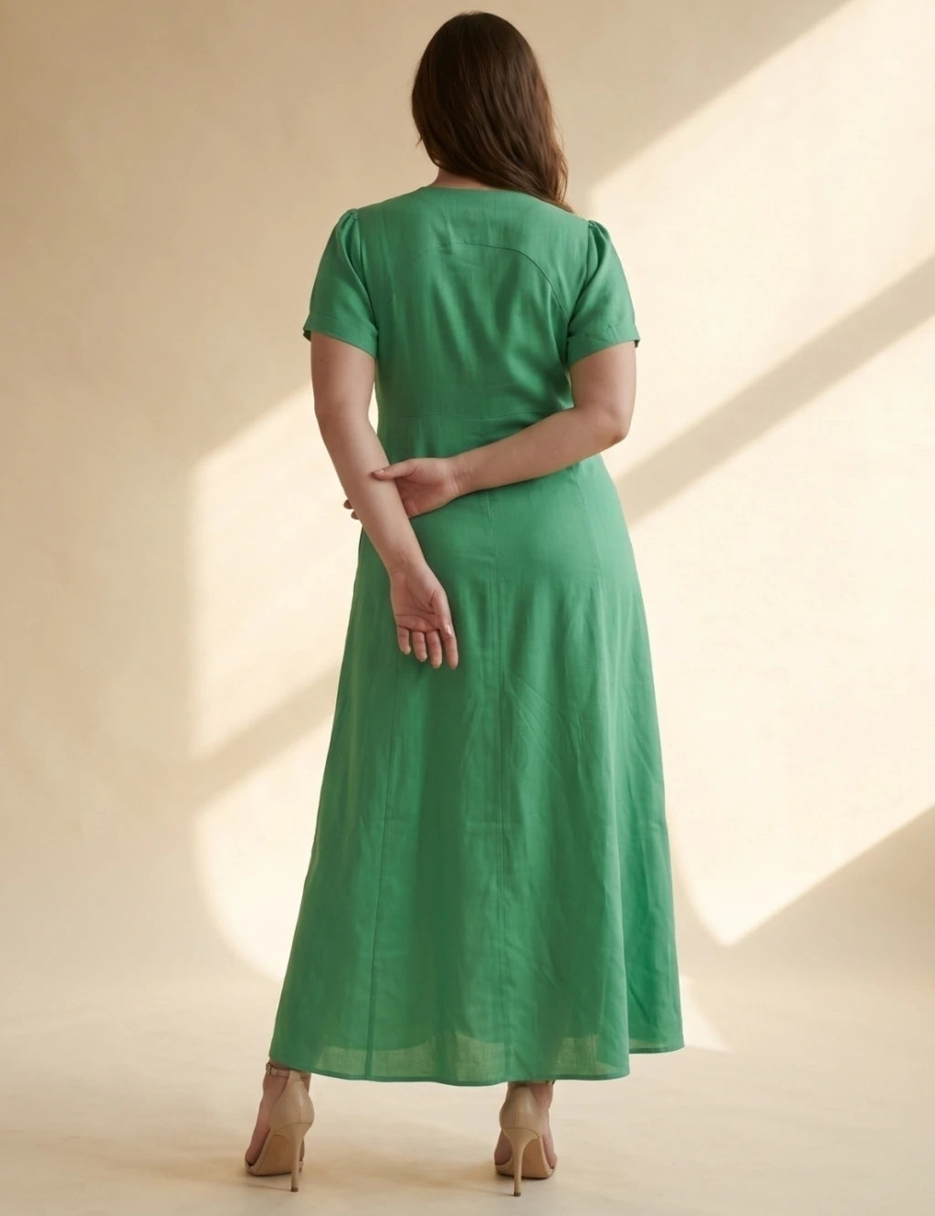 Vestido Longo Linho Misto Botões Frontais Verde