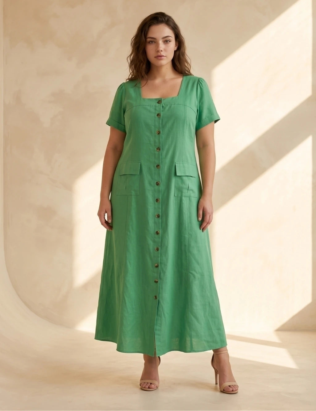 Vestido Longo Linho Misto Botões Frontais Verde