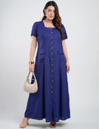 Vestido Longo Linho Misto Botões Frontais Marinho