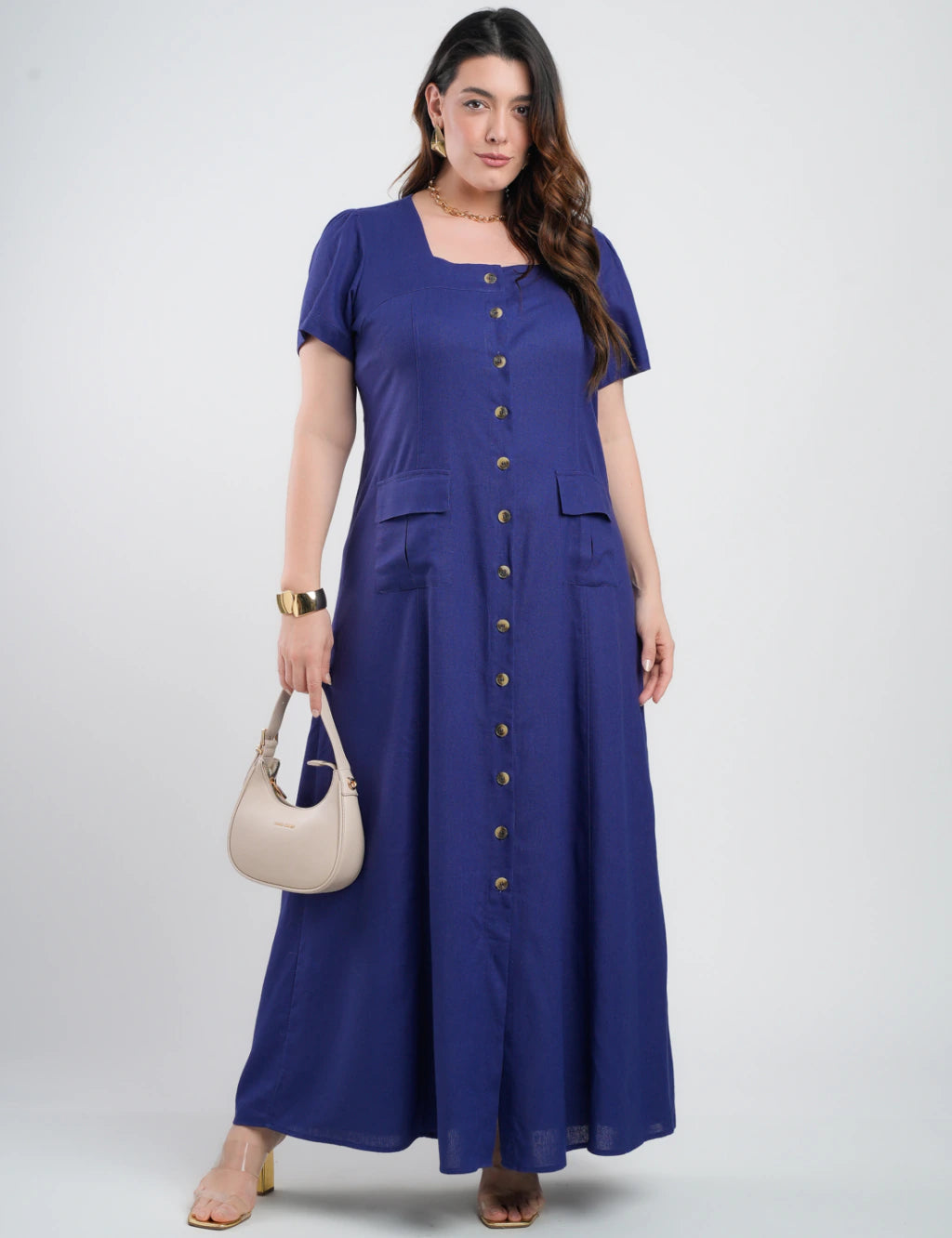 Vestido Longo Linho Misto Botões Frontais Marinho