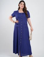 Vestido Longo Linho Misto Botões Frontais Marinho
