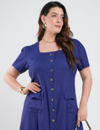 Vestido Longo Linho Misto Botões Frontais Marinho