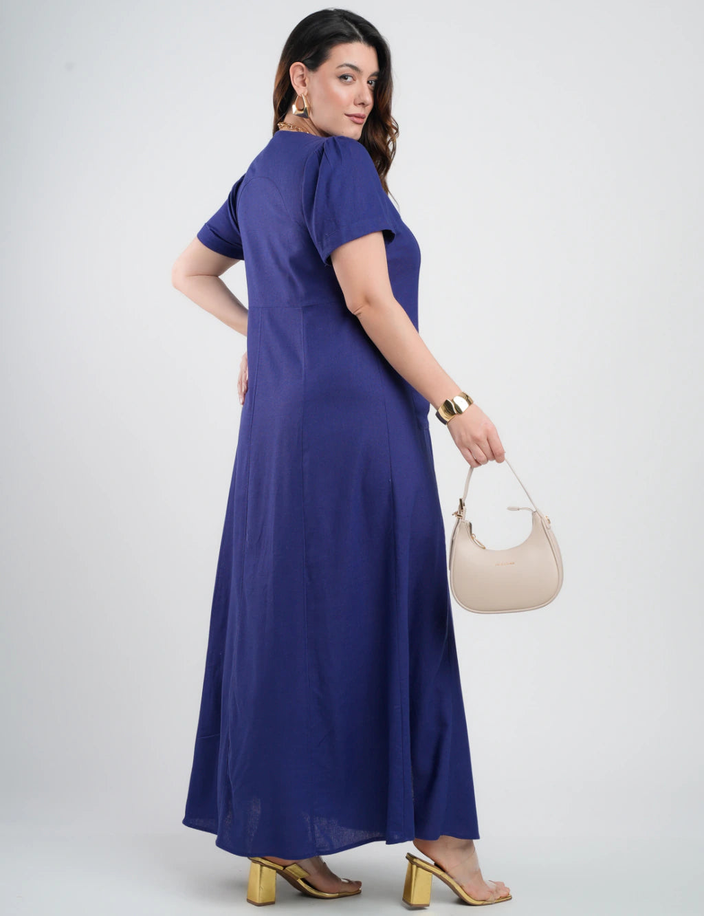 Vestido Longo Linho Misto Botões Frontais Marinho