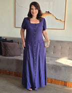Vestido Longo Linho Misto Botões Frontais Marinho