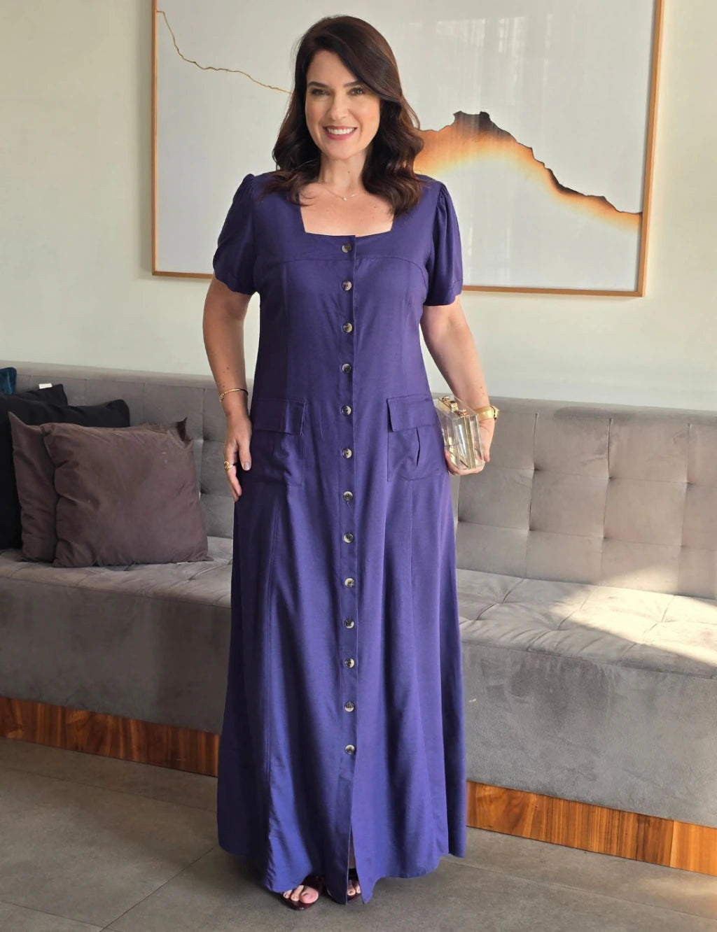 Vestido Longo Linho Misto Botões Frontais Marinho
