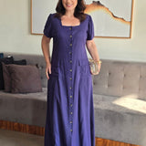 Vestido Longo Linho Misto Botões Frontais Marinho