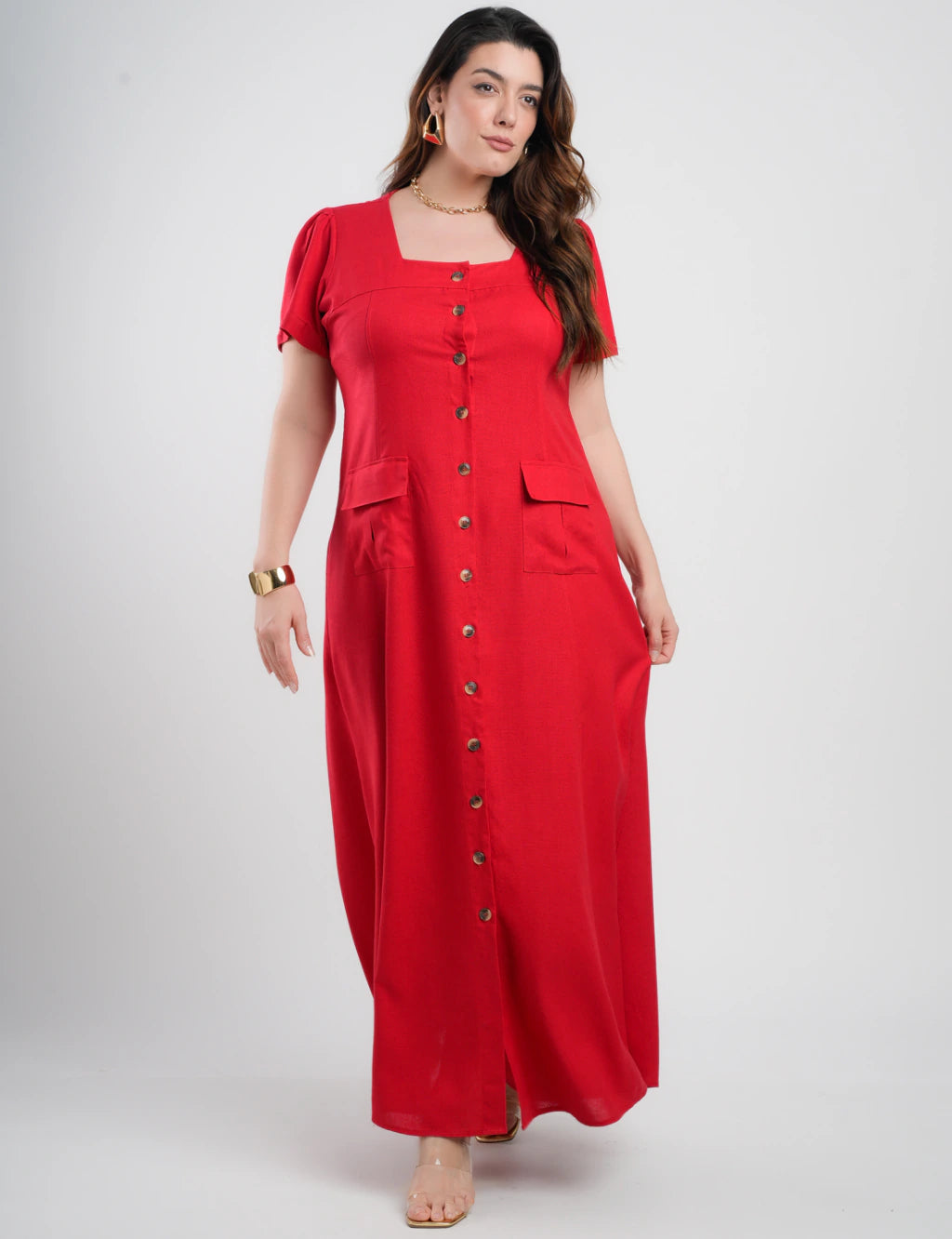 Vestido Longo Linho Misto Botões Frontais Vermelho