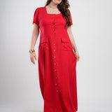 Vestido Longo Linho Misto Botões Frontais Vermelho