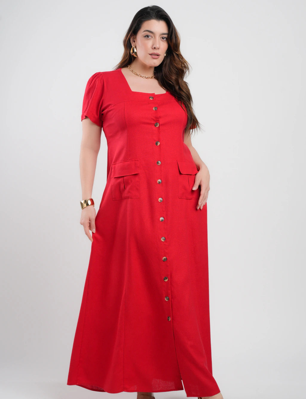 Vestido Longo Linho Misto Botões Frontais Vermelho