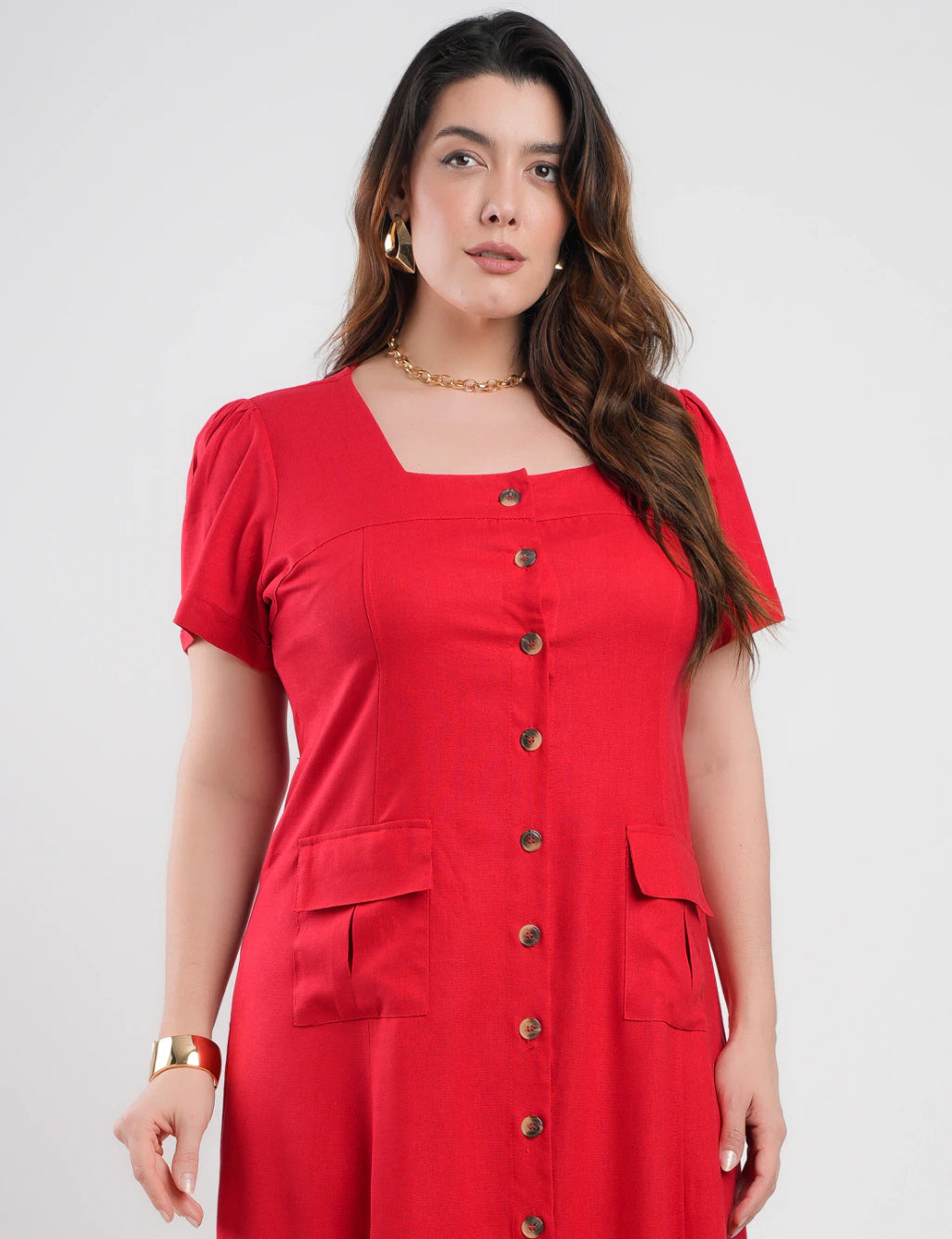 Vestido Longo Linho Misto Botões Frontais Vermelho
