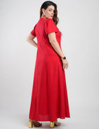 Vestido Longo Linho Misto Botões Frontais Vermelho