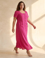 Vestido Longo Linho Misto Botões Frontais Pink