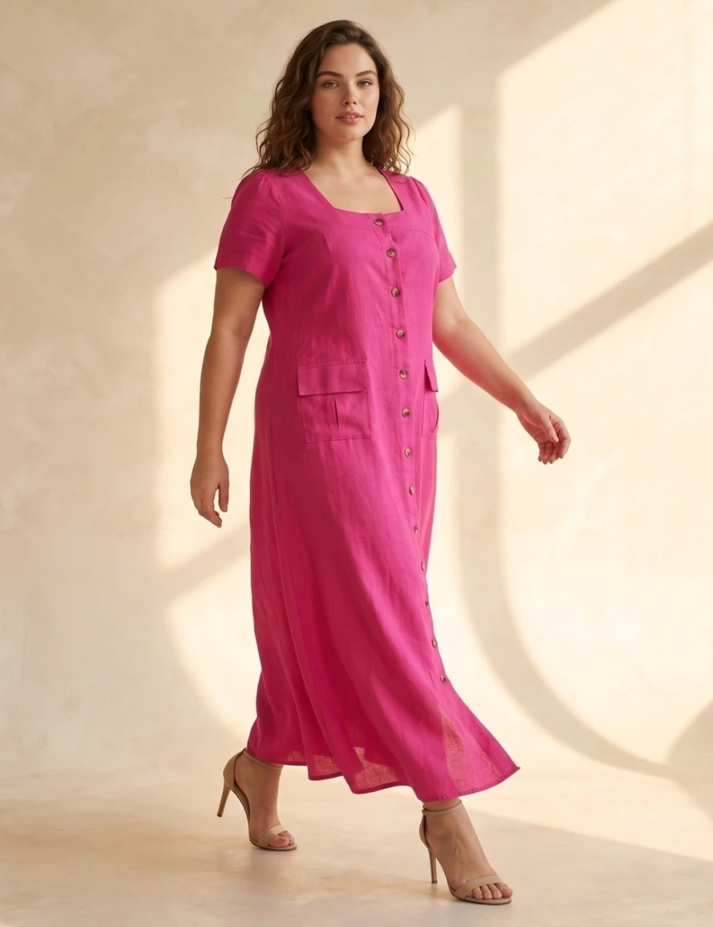 Vestido Longo Linho Misto Botões Frontais Pink