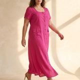 Vestido Longo Linho Misto Botões Frontais Pink