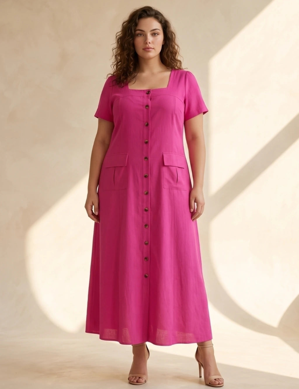 Vestido Longo Linho Misto Botões Frontais Pink