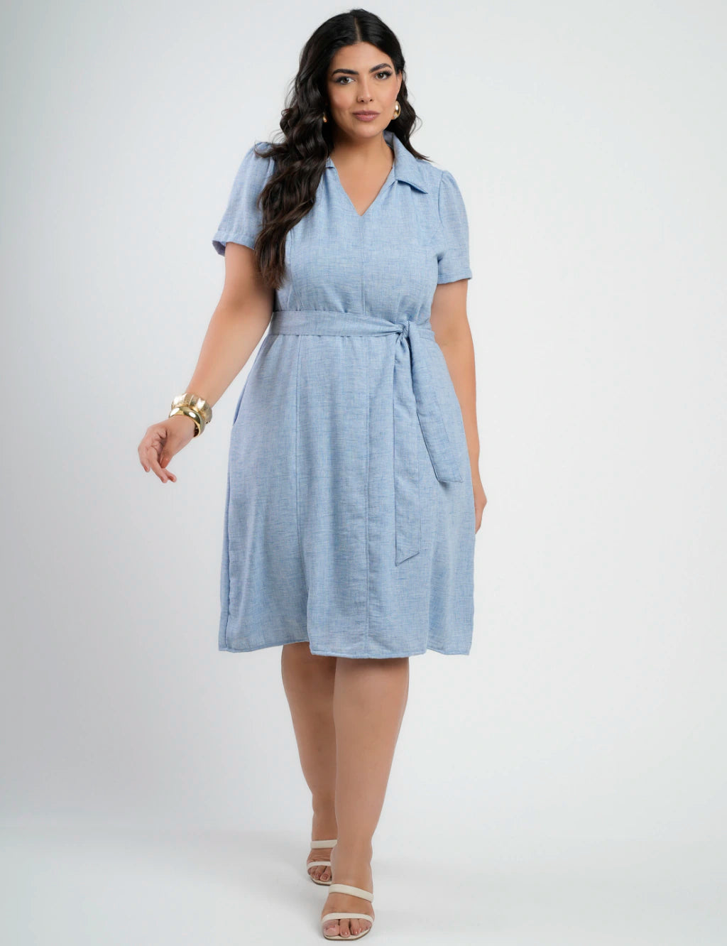 Vestido Midi Limen Com Cinto Azul