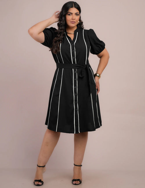 Vestido Curto Alfaiataria Chemise Com Vivo Preto