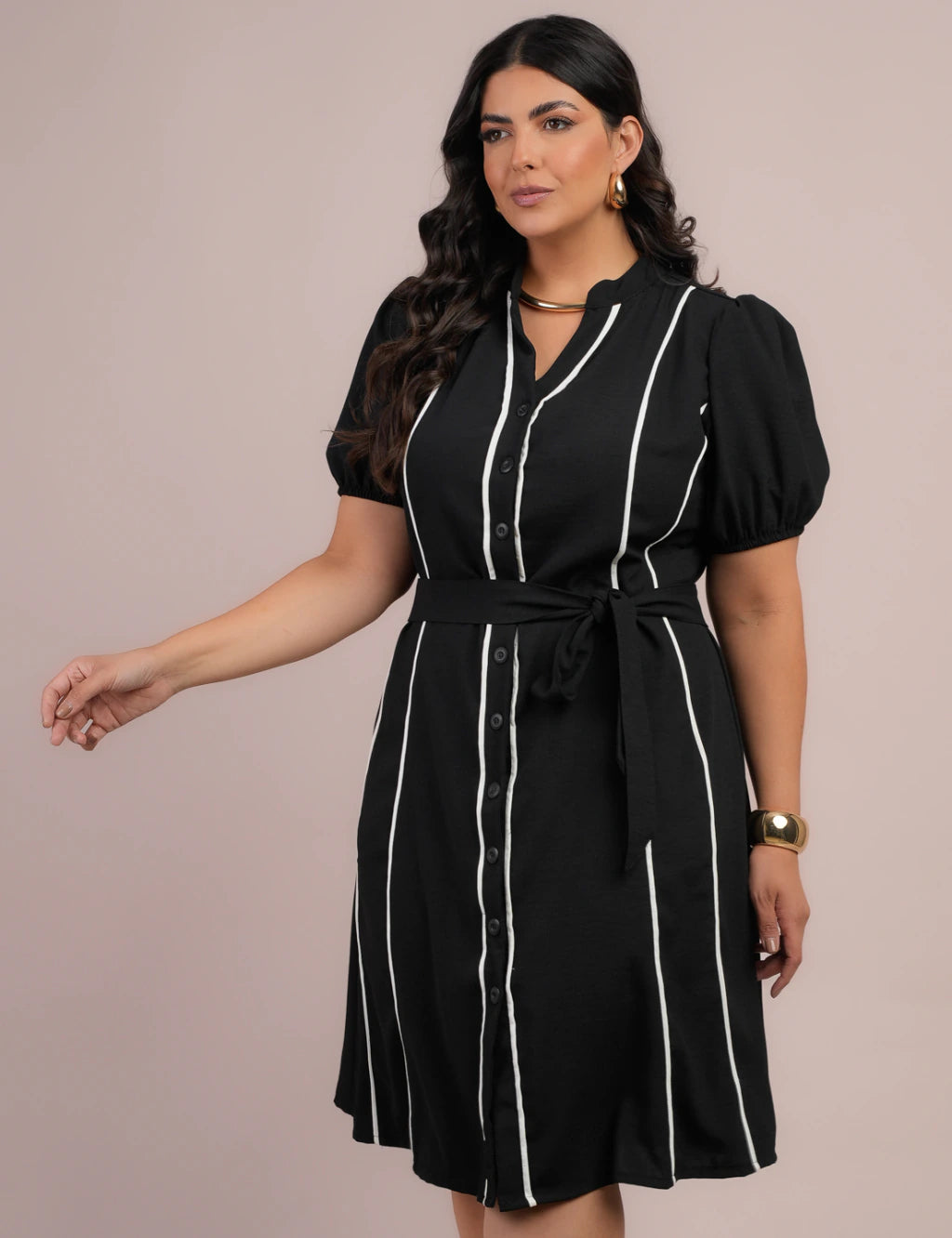Vestido Curto Alfaiataria Chemise Com Vivo Preto