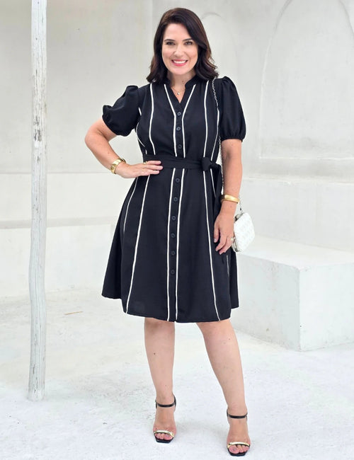 Vestido Curto Alfaiataria Chemise Com Vivo Preto
