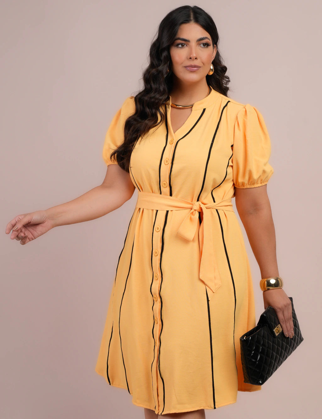 Vestido Curto Alfaiataria Chemise Com Vivo Amarelo