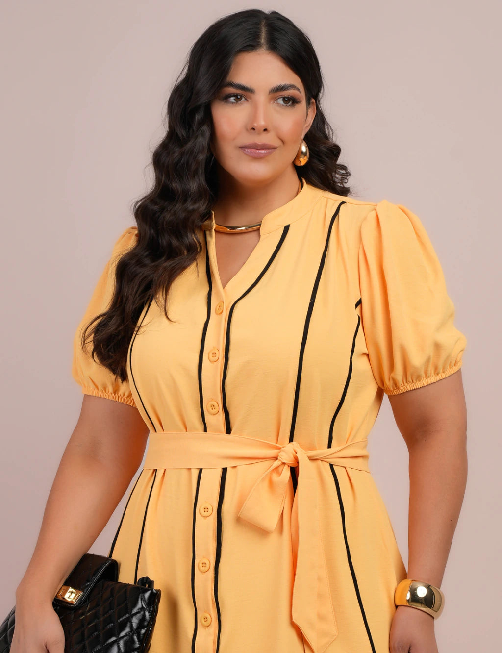 Vestido Curto Alfaiataria Chemise Com Vivo Amarelo