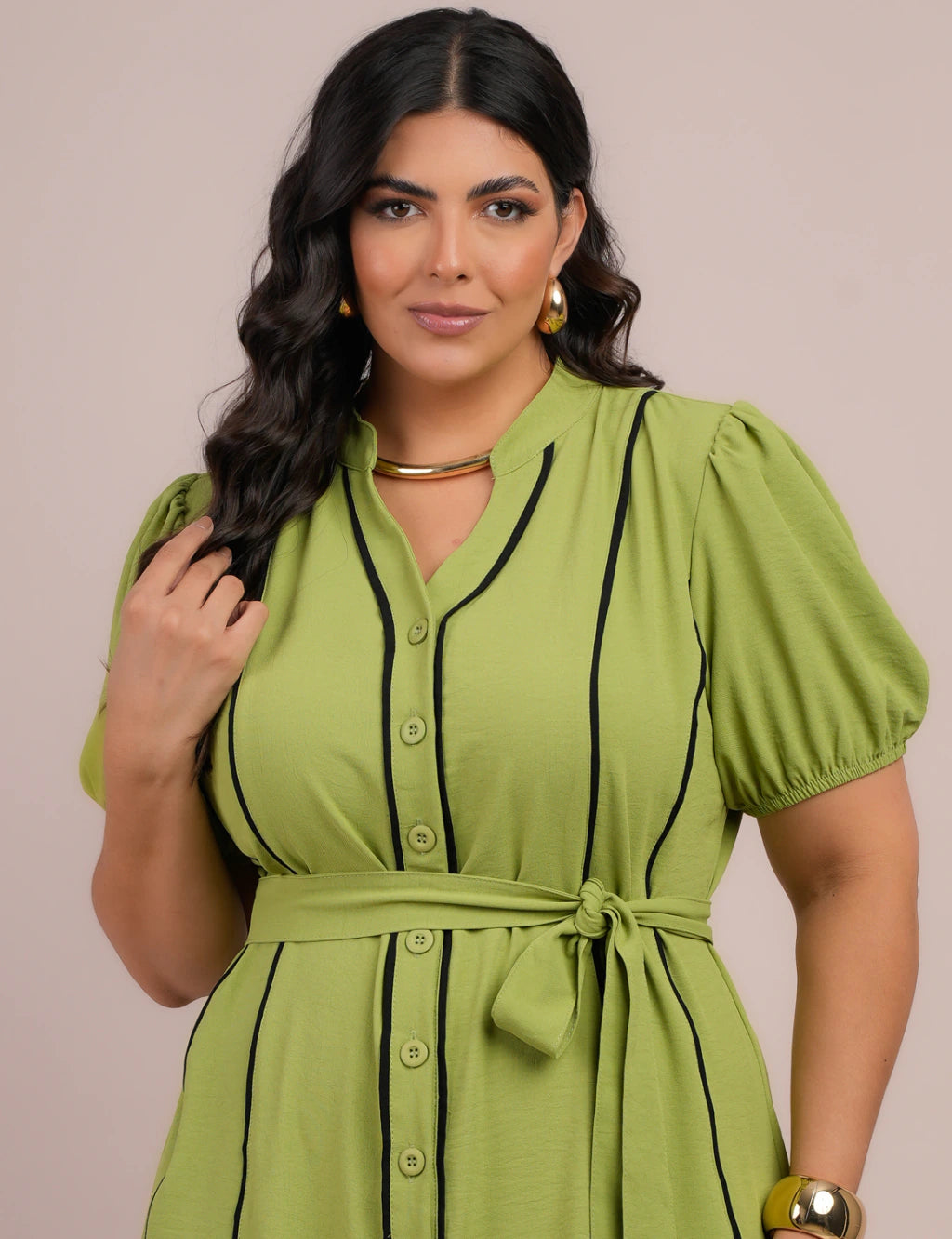 Vestido Curto Alfaiataria Chemise Com Vivo Verde