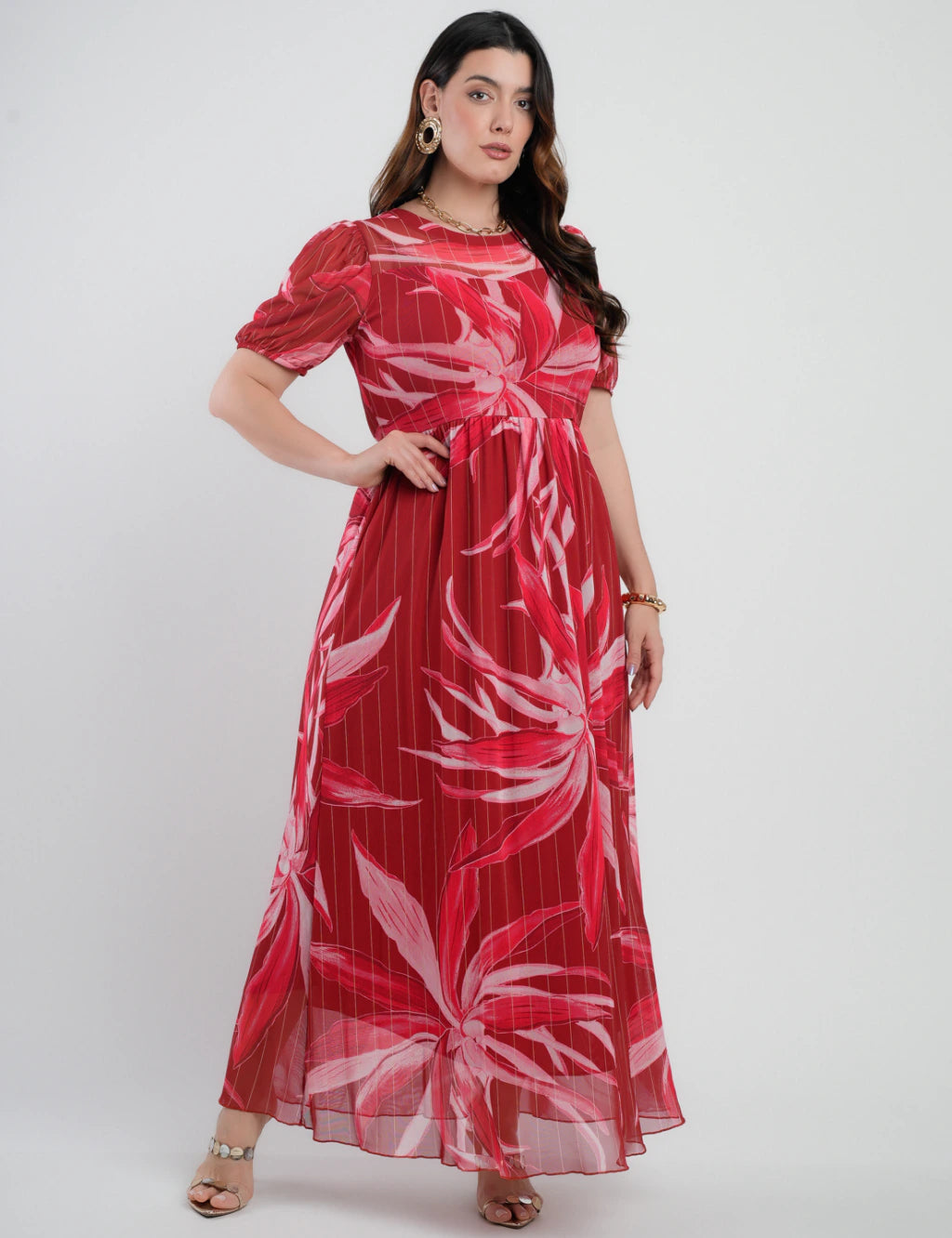 Vestido Longo Tule Estampado Vermelho