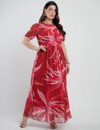 Vestido Longo Tule Estampado Vermelho