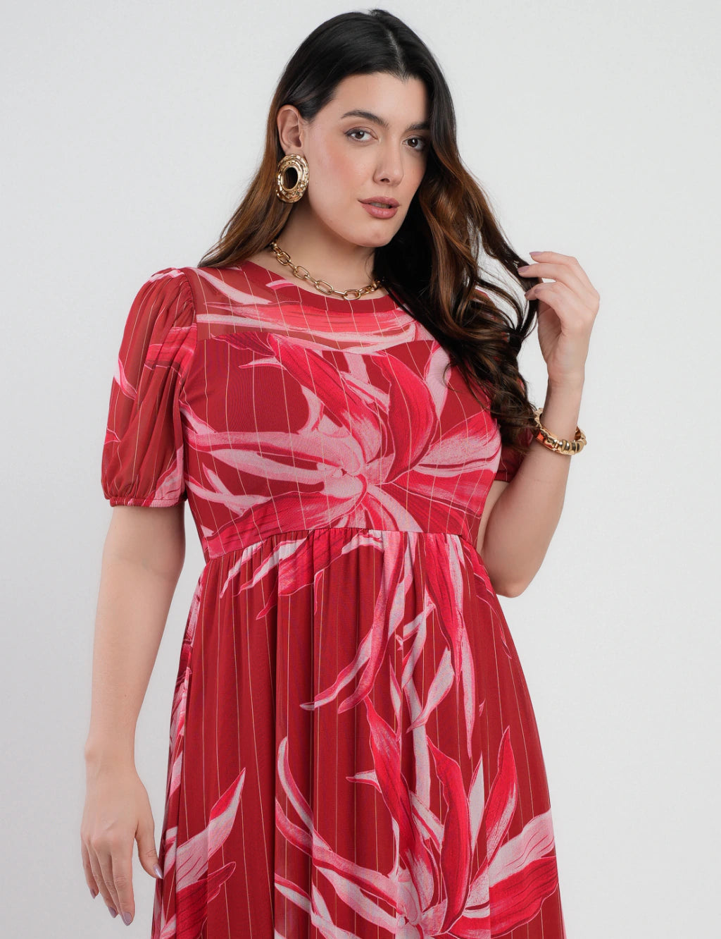Vestido Longo Tule Estampado Vermelho