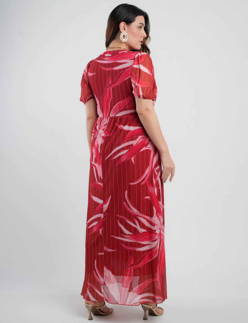 Vestido Longo Tule Estampado Vermelho