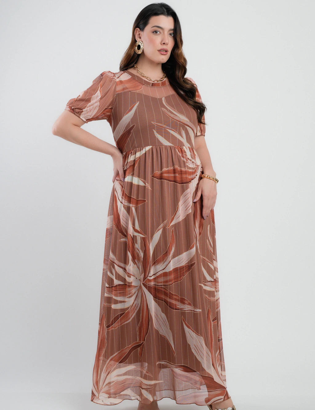 Vestido Longo Tule Estampado Marrom