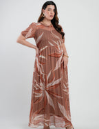 Vestido Longo Tule Estampado Marrom