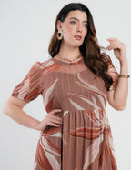 Vestido Longo Tule Estampado Marrom