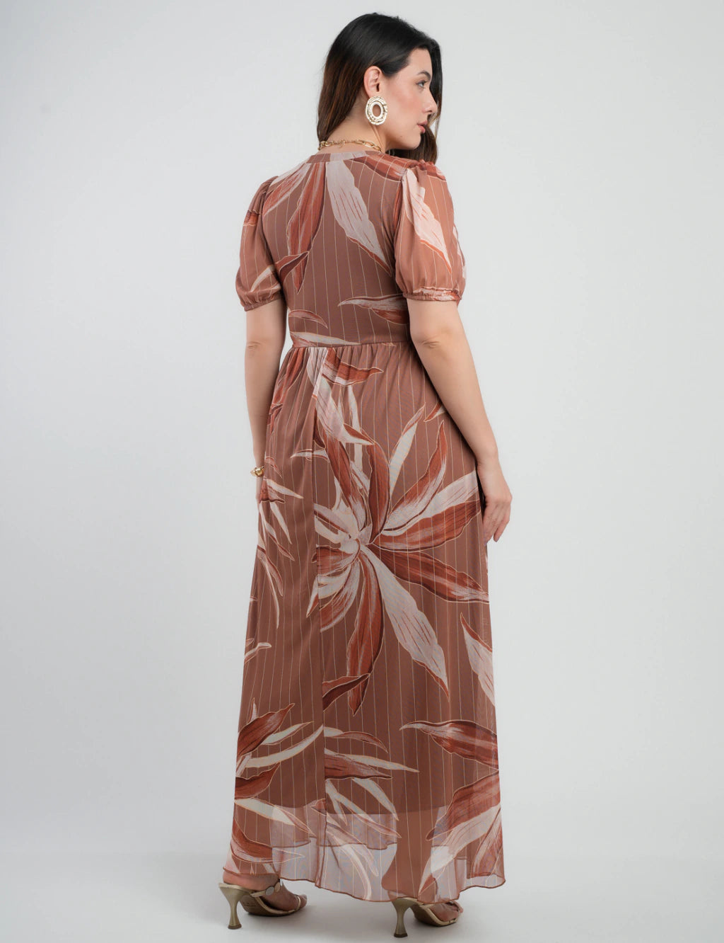 Vestido Longo Tule Estampado Marrom