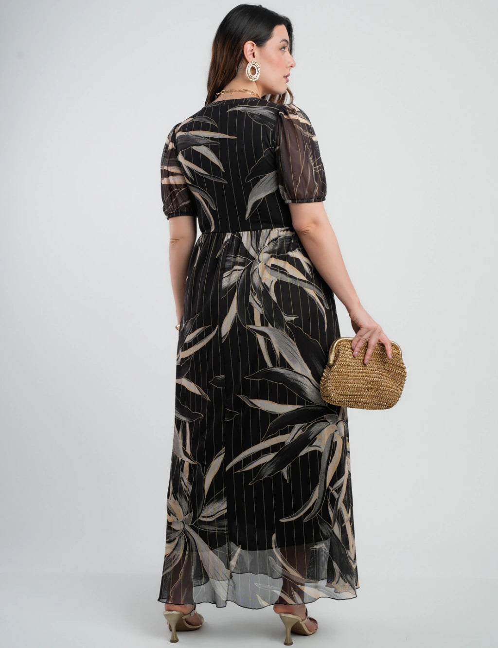 Vestido Longo Tule Estampado Preto