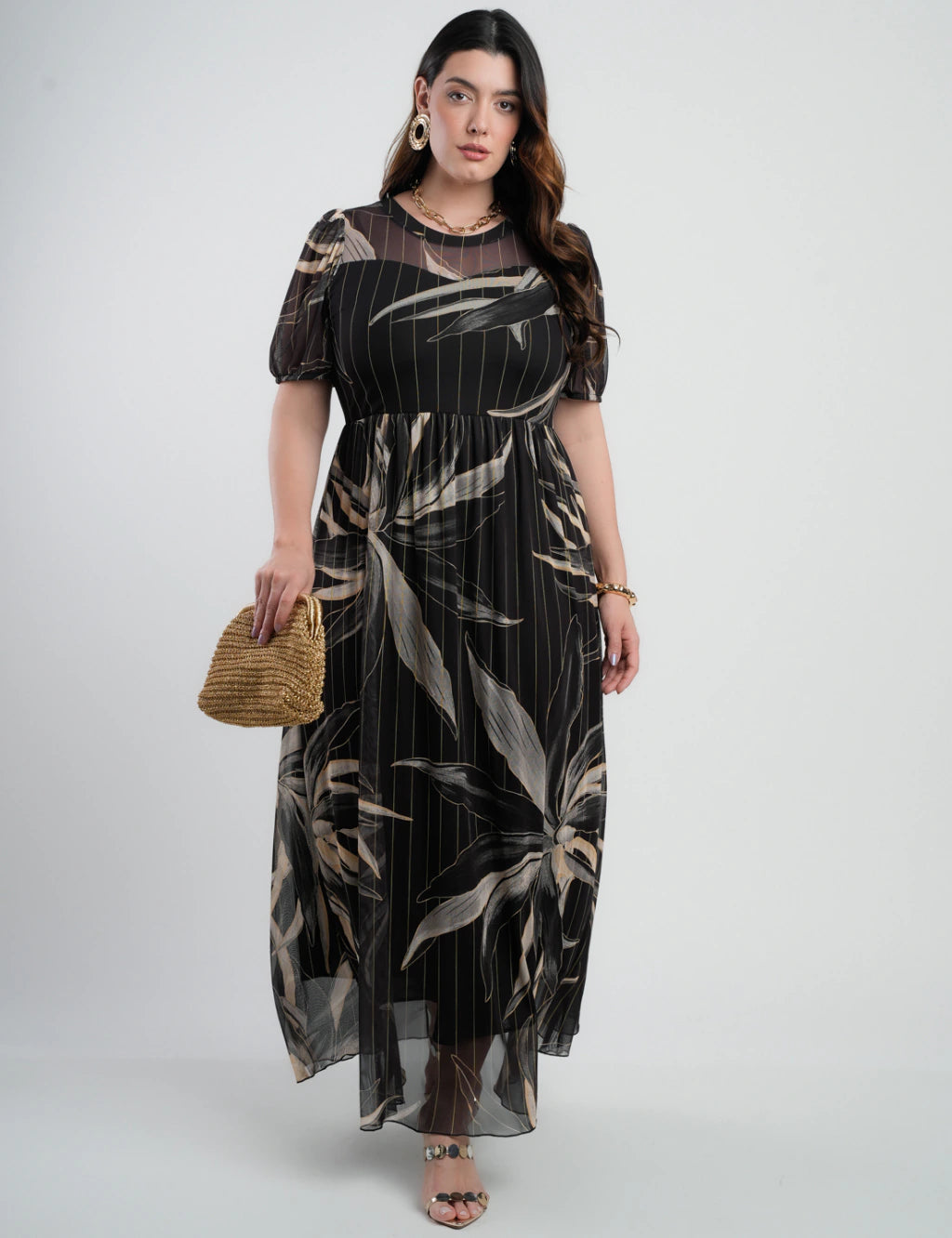Vestido Longo Tule Estampado Preto