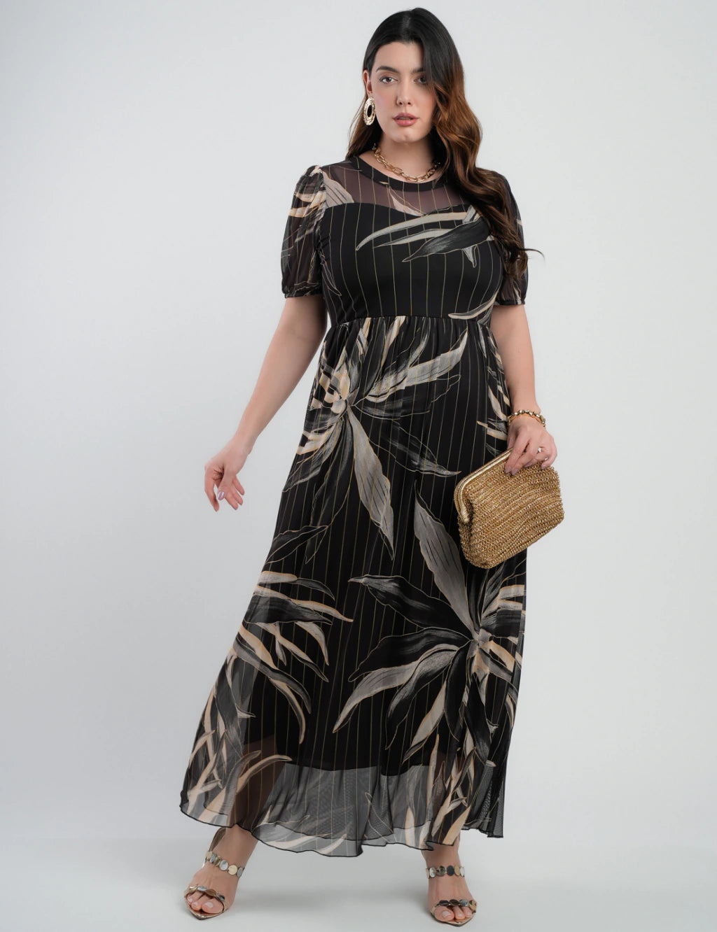 Vestido Longo Tule Estampado Preto