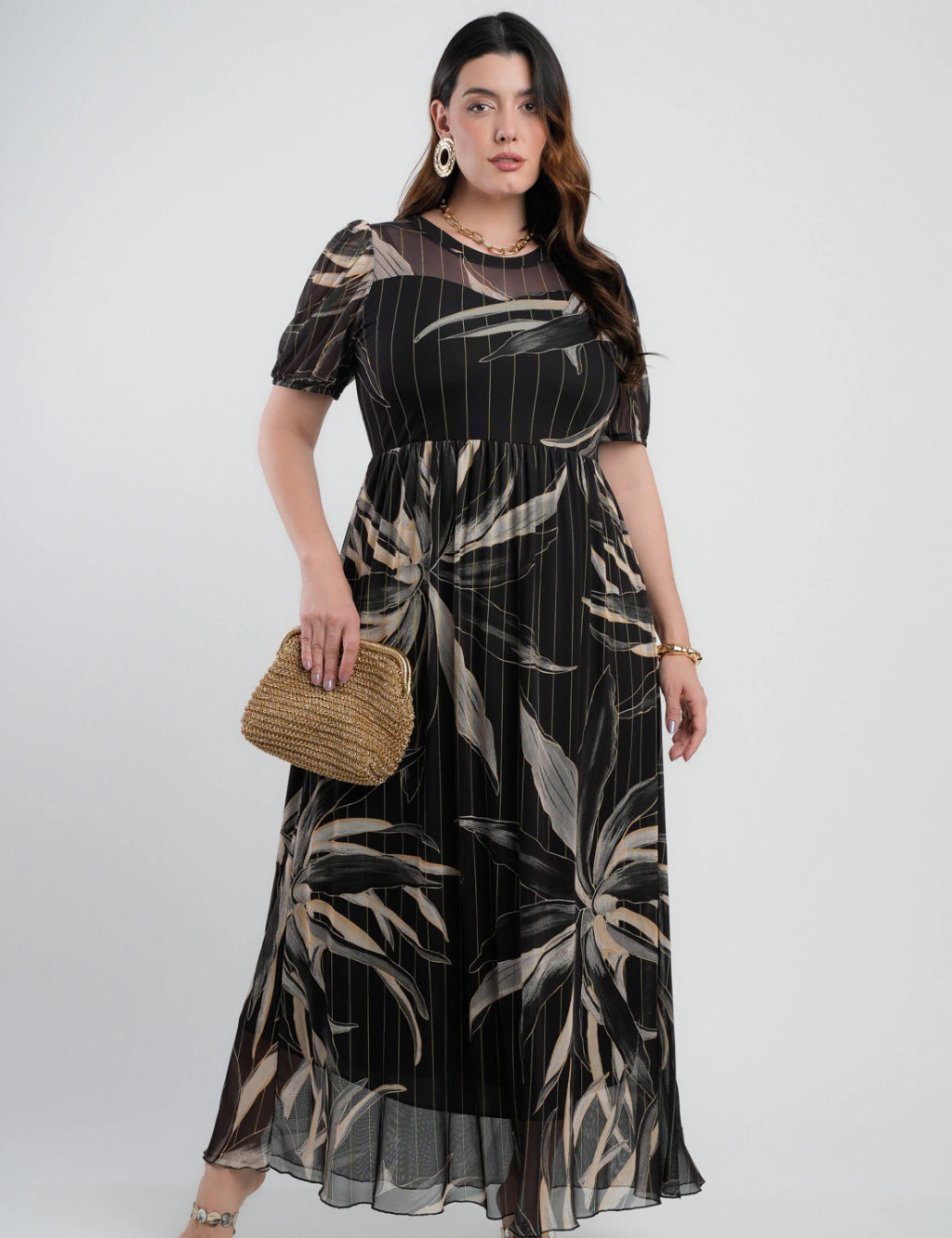 Vestido Longo Tule Estampado Preto