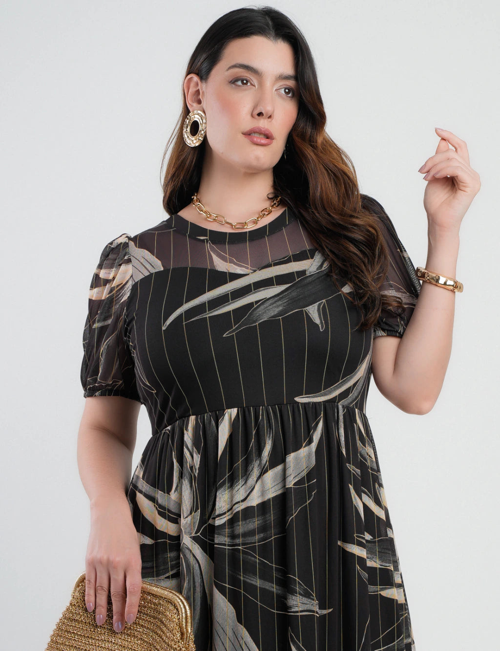 Vestido Longo Tule Estampado Preto