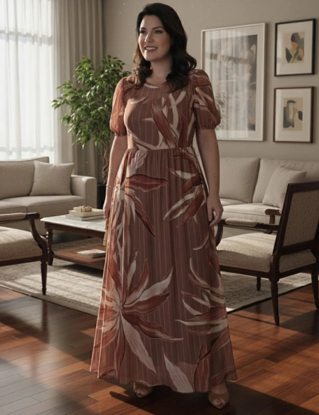 Vestido Longo Tule Estampado Marrom