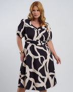 Vestido Midi Crepe Encorpado Estampado Preto