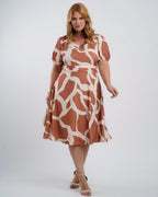 Vestido Midi Crepe Encorpado Estampado Marrom
