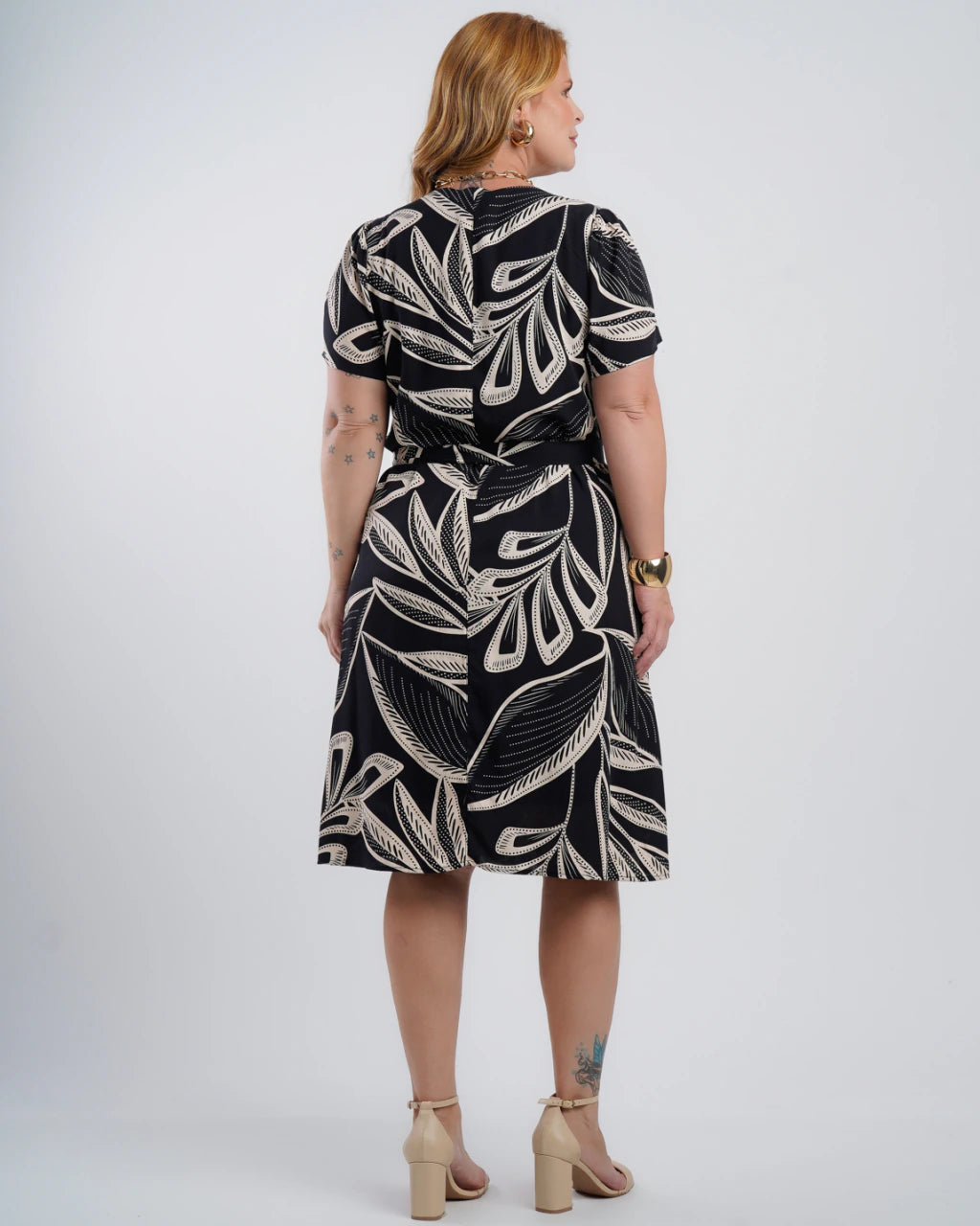 Vestido Midi Viscose Estampado Com Vivo Preto