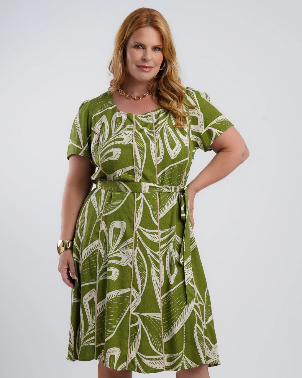 Vestido Midi Viscose Estampado Com Vivo Verde