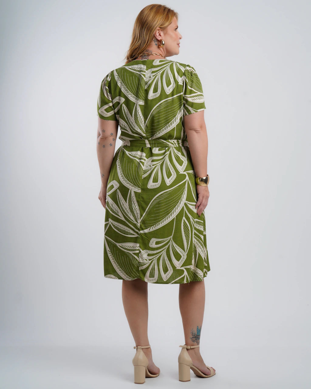 Vestido Midi Viscose Estampado Com Vivo Verde