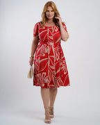 Vestido Midi Viscose Estampado Com Vivo Vermelho