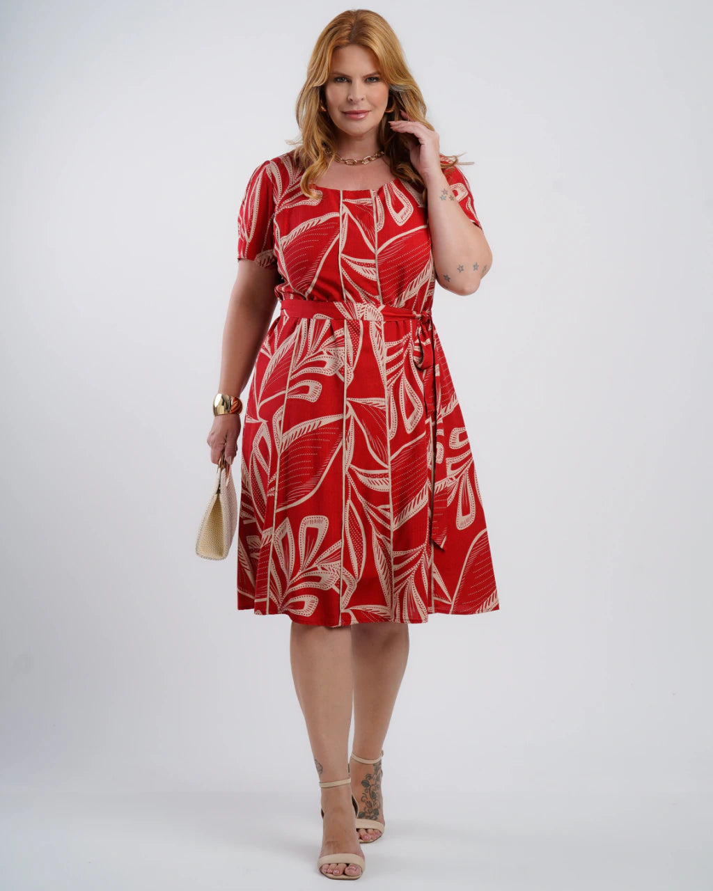 Vestido Midi Viscose Estampado Com Vivo Vermelho